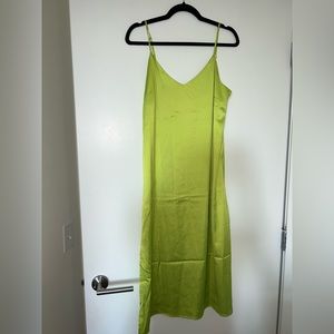 Lime Silky V-Neck Midi Slip Dress with Slit Size M